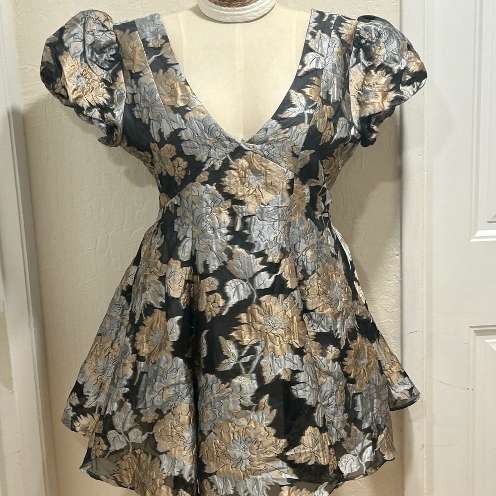Showpo Bralily Black, Silver and Gold Lyda Jacquard Puff Sleeve Mini Dress